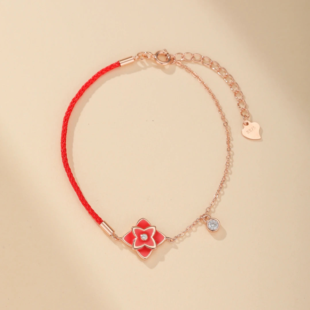 Red Thread Bracelet "Beautiful Flower" Silver