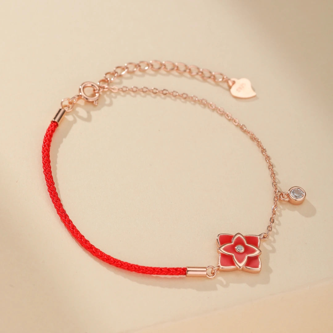 Red Thread Bracelet "Beautiful Flower" Silver