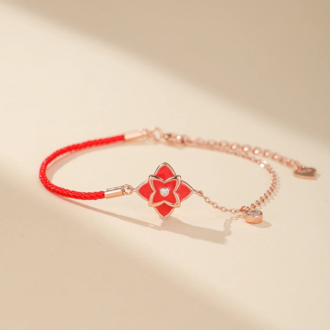 Red Thread Bracelet "Beautiful Flower" Silver