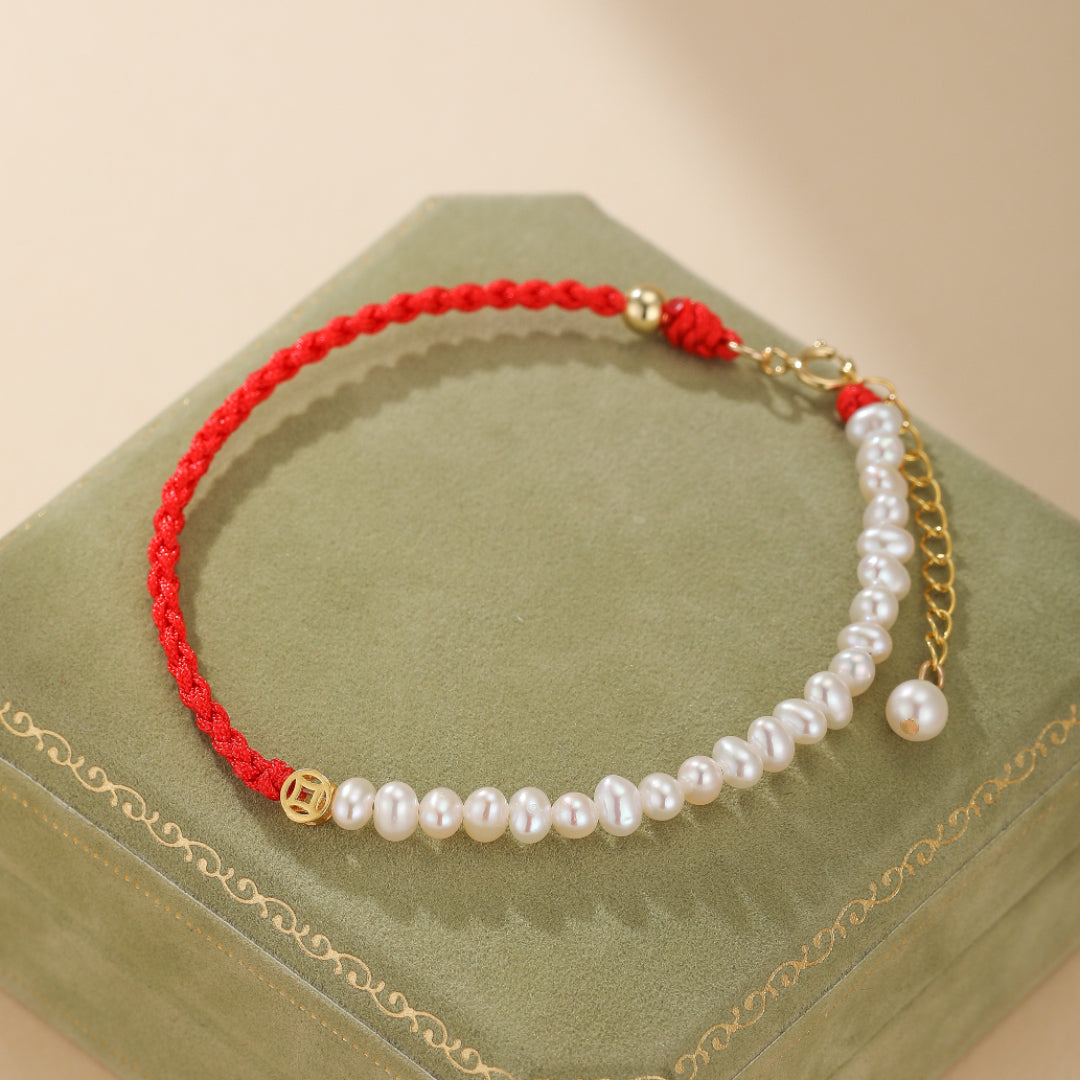 Red Thread Bracelet "Pearl Shine" Gold Silver