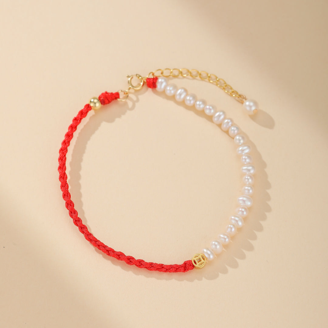 Red Thread Bracelet "Pearl Shine" Gold Silver