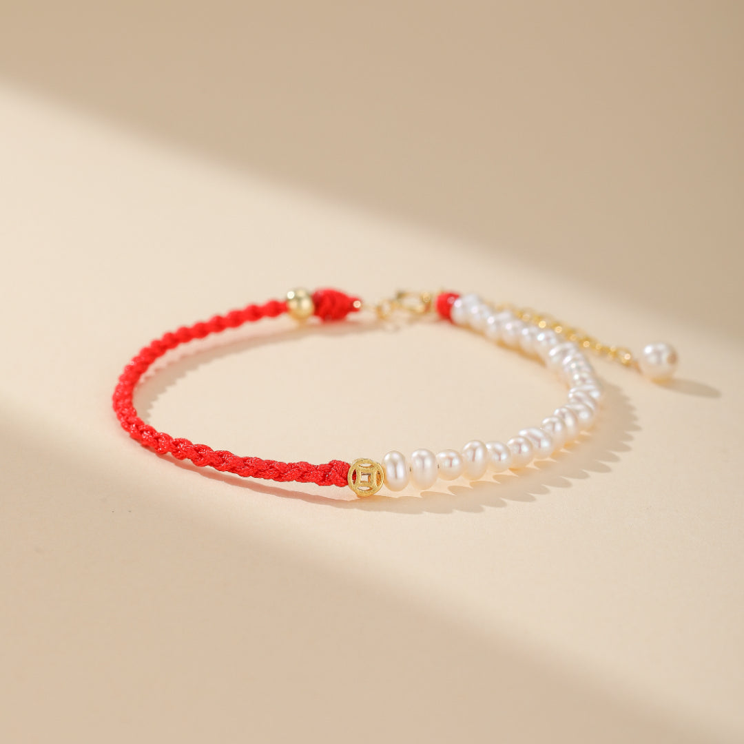 Red Thread Bracelet "Pearl Shine" Gold Silver