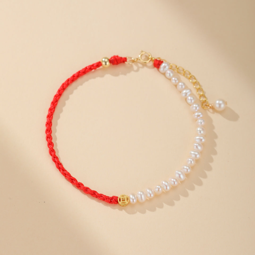 Red Thread Bracelet "Pearl Shine" Gold Silver