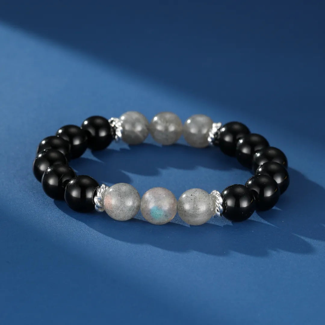 Men's Bracelet Obsidian and Labradorite "Nocturnal Wisdom" Silver