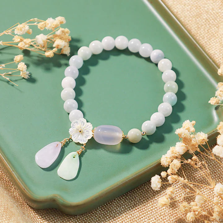 Bracelet Jade Blanc et Agate "Fleur de Bonheur" Doré Or