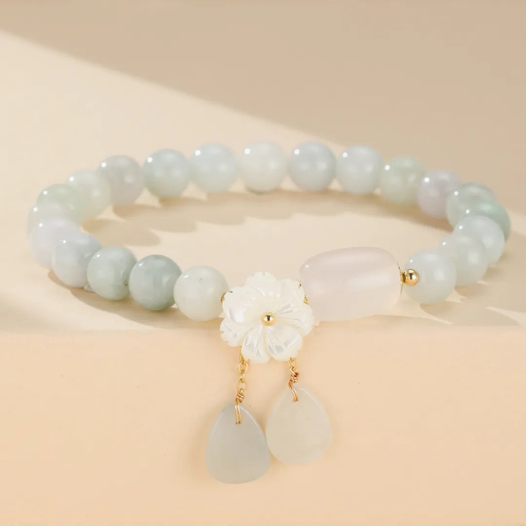 Bracelet Jade Blanc et Agate "Fleur de Bonheur" Doré Or