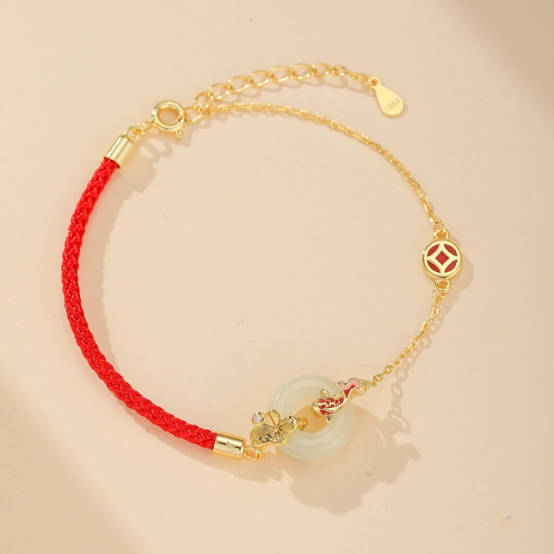 Jade Bracelet Red Thread "Aquatic Harmony" Gold-Plated Silver