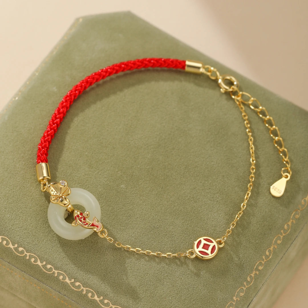 Jade Bracelet Red Thread "Aquatic Harmony" Gold-Plated Silver