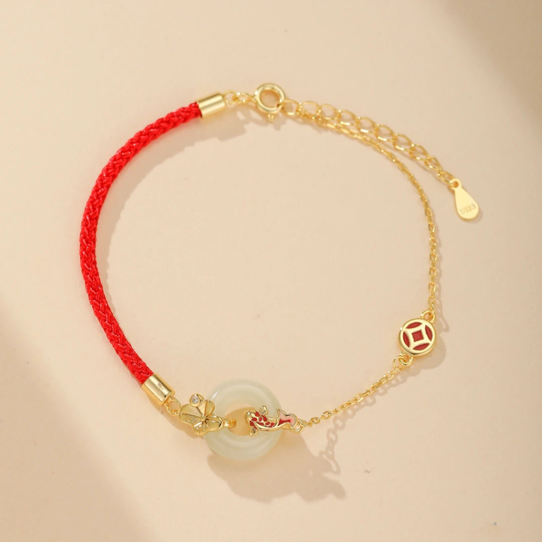 Jade Bracelet Red Thread "Aquatic Harmony" Gold-Plated Silver