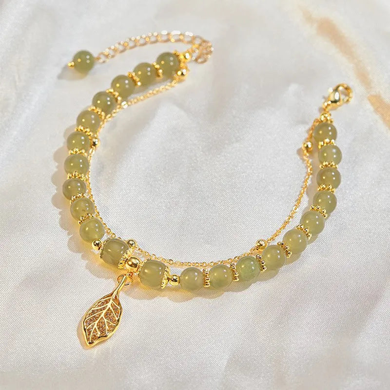 Jade Stone Bracelet - Golden Leaflet, Gold Plated Silver