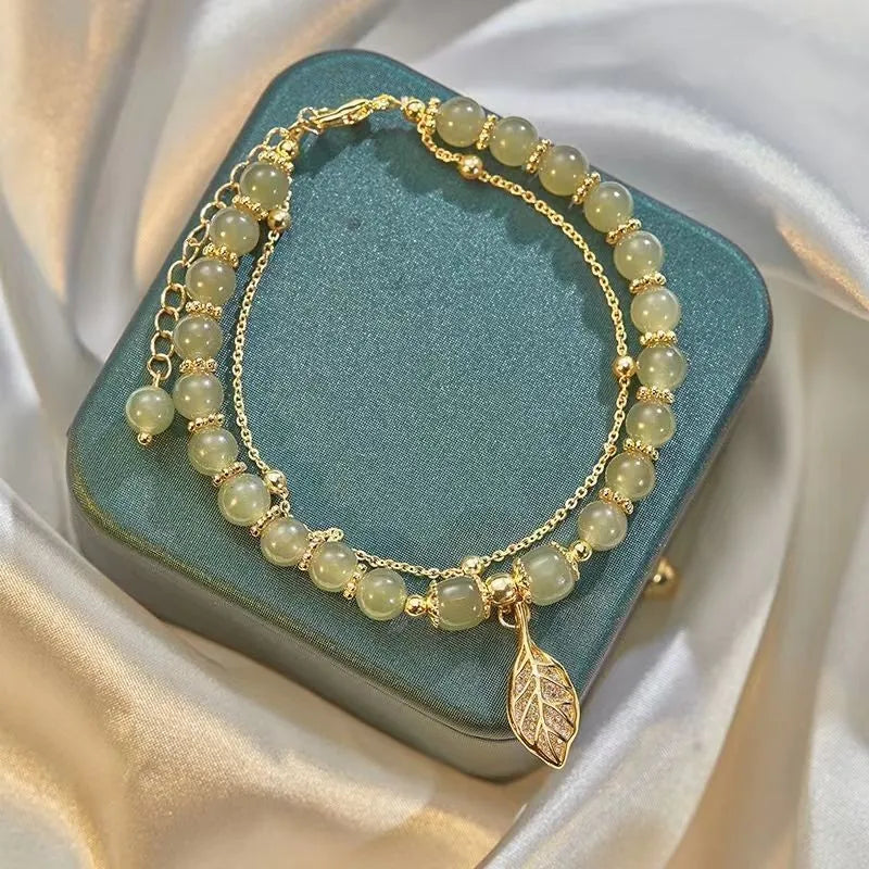 Bracelet Pierre de Jade – Feuillette d’Orée, Argent Plaqué Or