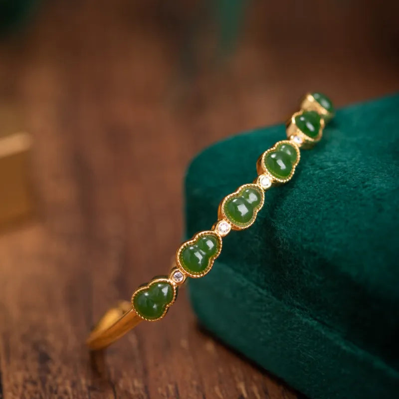 Jade Gourd Bracelet "Serene Green" Gold-Plated Silver