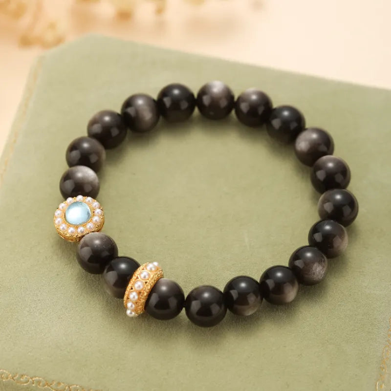 Obsidian and Aquamarine Bracelet "Marine Night" Gold