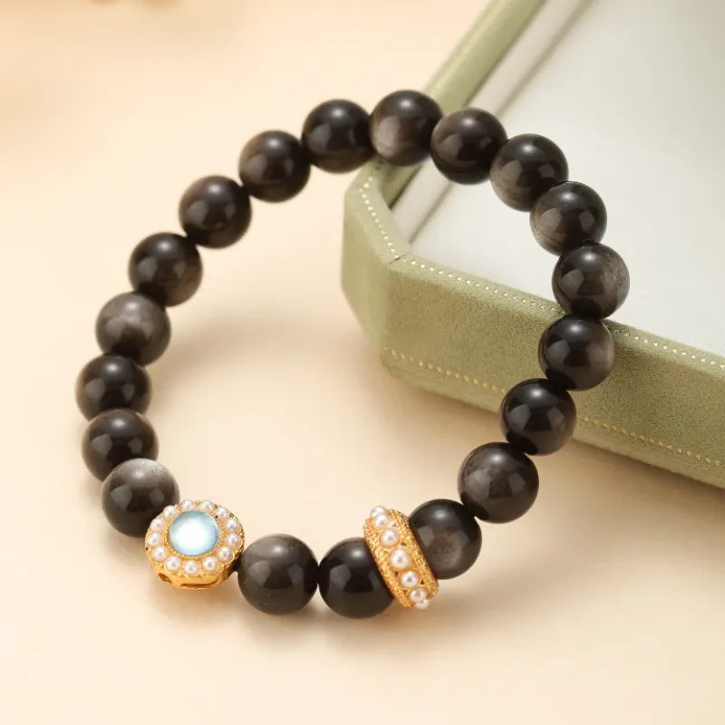 Obsidian and Aquamarine Bracelet "Marine Night" Gold