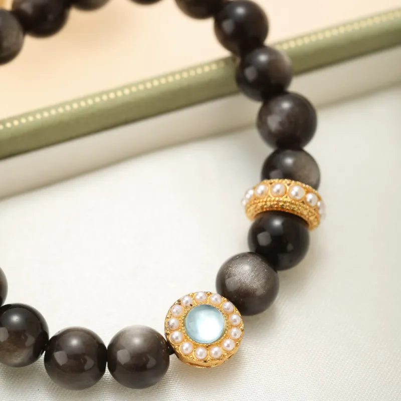 Obsidian and Aquamarine Bracelet "Marine Night" Gold