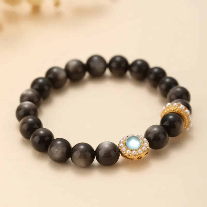 Obsidian and Aquamarine Bracelet "Marine Night" Gold