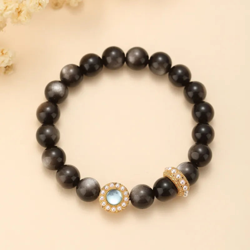 Obsidian and Aquamarine Bracelet "Marine Night" Gold