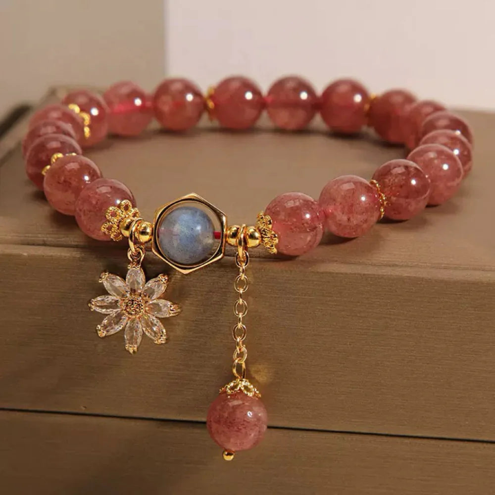 Strawberry Quartz and Rock Crystal Bracelet "Mysterious Flower"