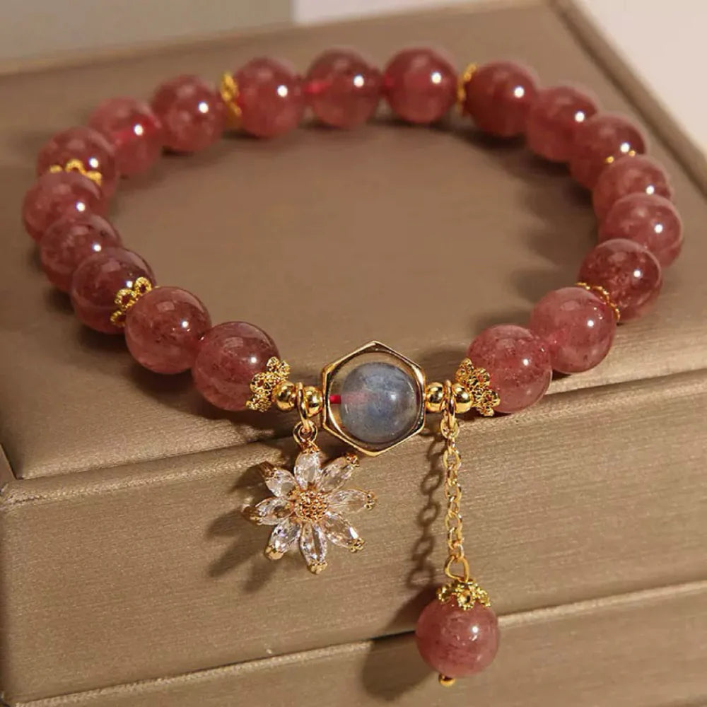 Strawberry Quartz and Rock Crystal Bracelet "Mysterious Flower"
