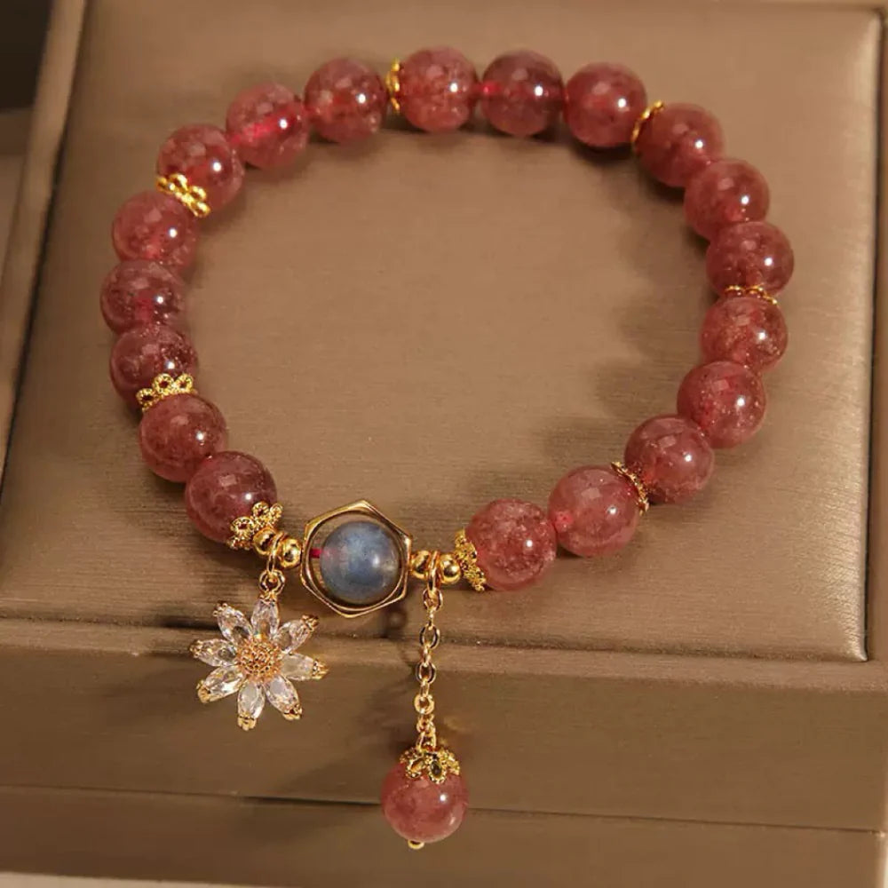 Strawberry Quartz and Rock Crystal Bracelet "Mysterious Flower"