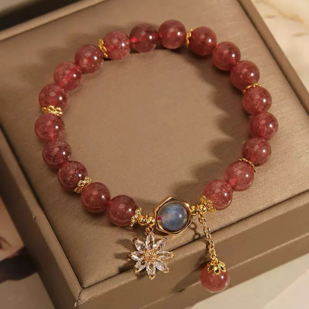 Strawberry Quartz and Rock Crystal Bracelet "Mysterious Flower"