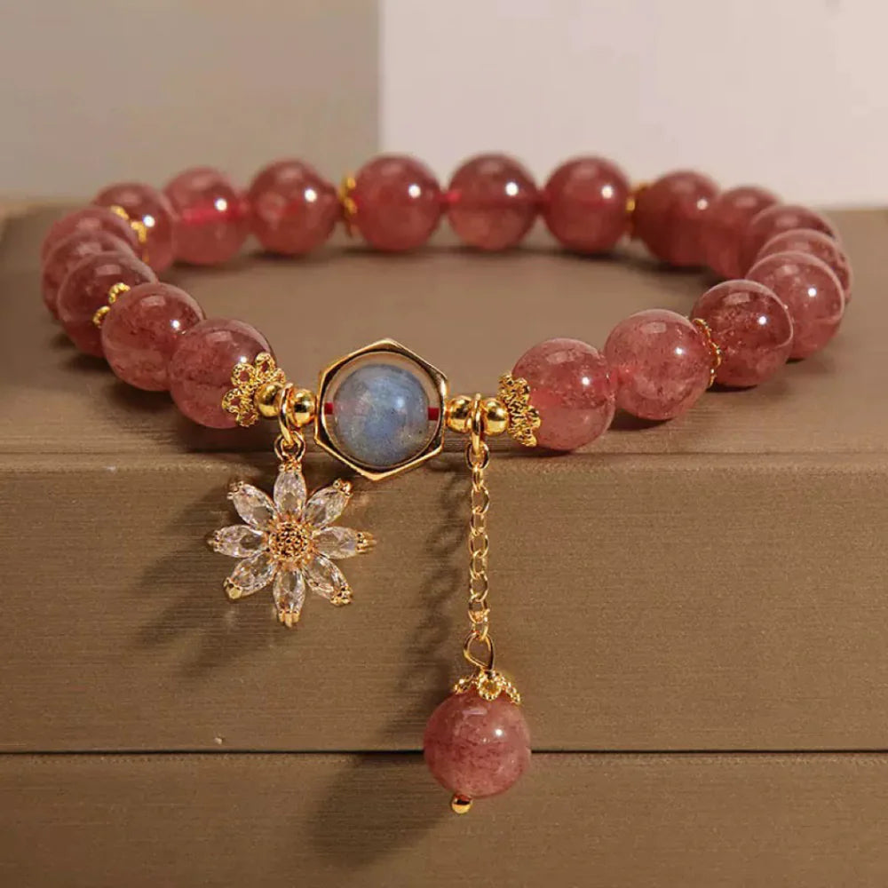 Bracelet Quartz Fraise et Cristal de Roche "Fleur Mystérieuse"