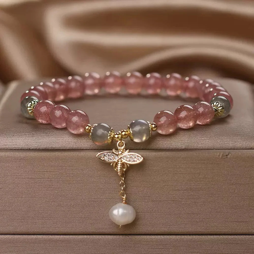 Bracelet Quartz Fraise et Labradorite "Douceur Abeille"