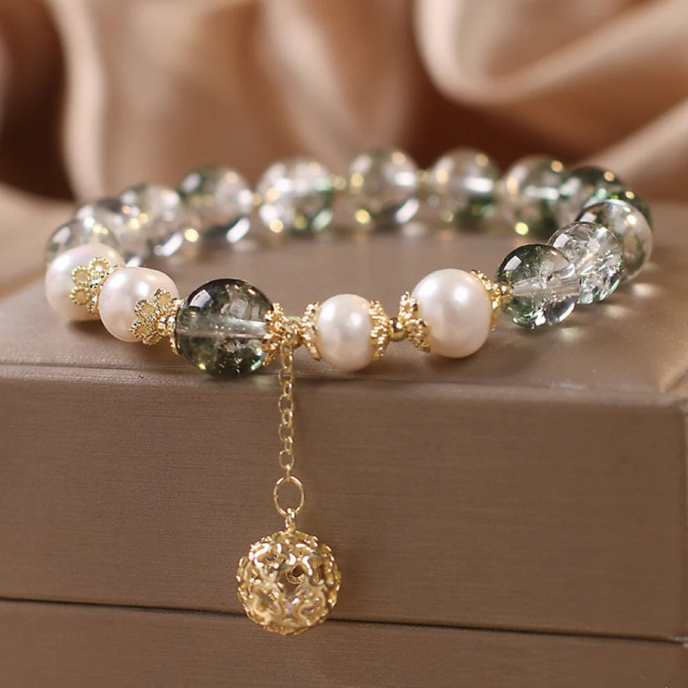 Green Quartz and Pearl Bracelet "Golden Sphere"