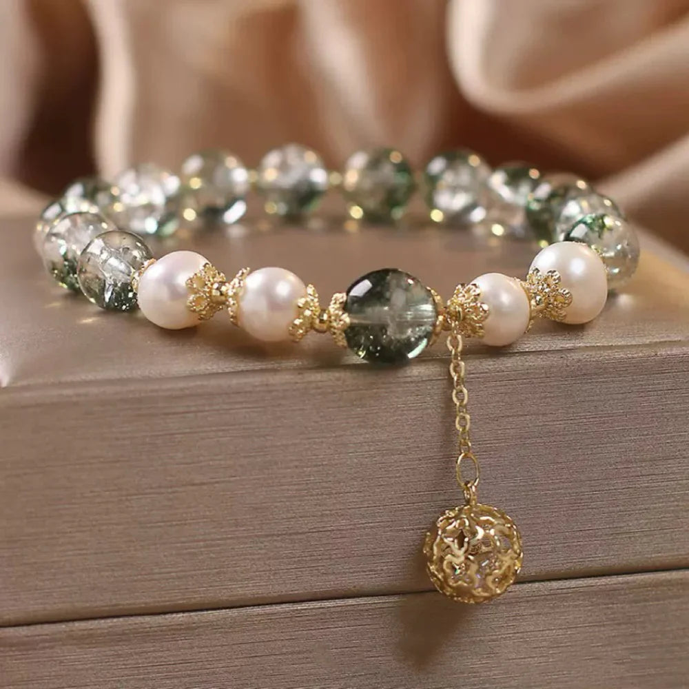 Green Quartz and Pearl Bracelet "Golden Sphere"