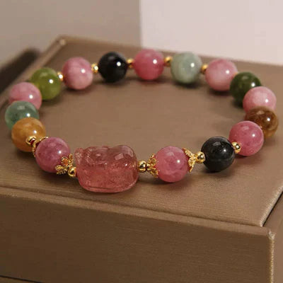 Bracelet Pi Xiu Tourmaline et Quartz Fraise "Richesse Spirituelle"
