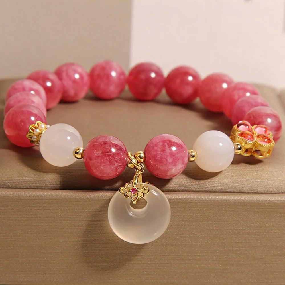 Rose Tourmaline White Jade Clover Bracelet "Radiant Softness"