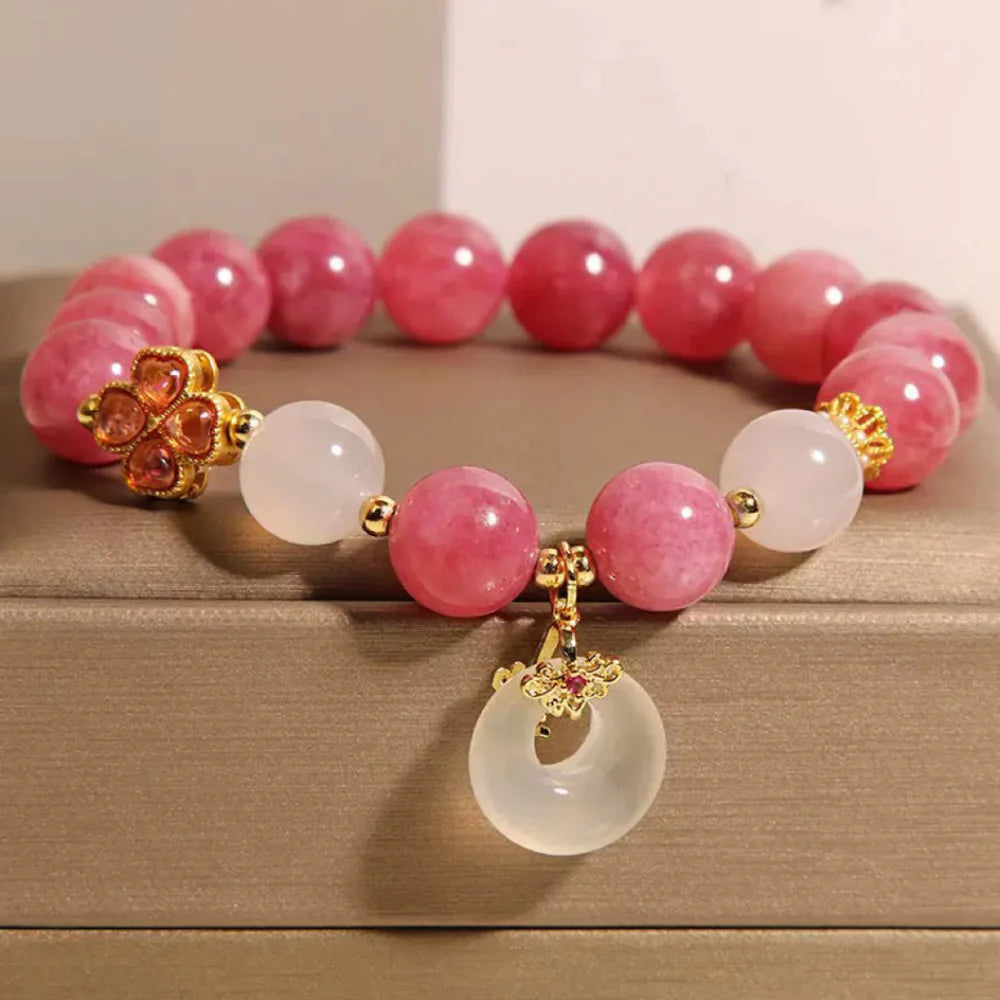 Rose Tourmaline White Jade Clover Bracelet "Radiant Softness"