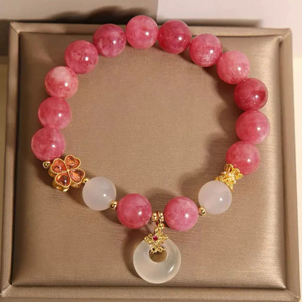 Rose Tourmaline White Jade Clover Bracelet "Radiant Softness"