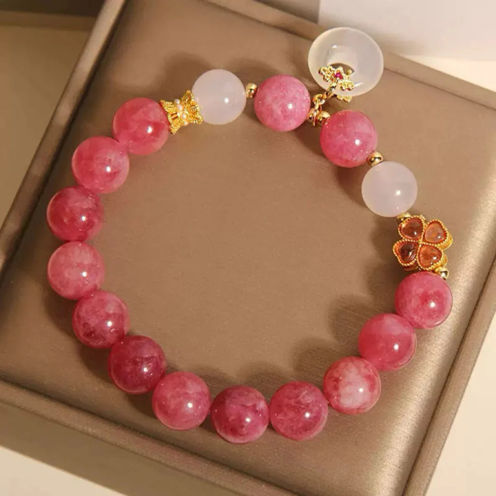 Rose Tourmaline White Jade Clover Bracelet "Radiant Softness"