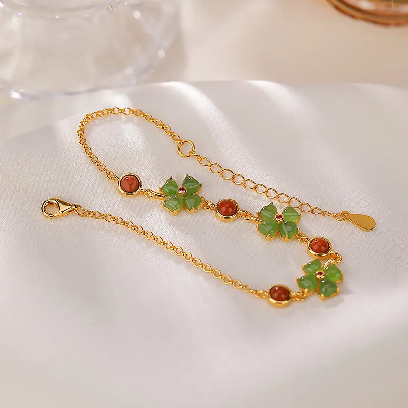 Jade Clover Bracelet "Flower of Fortune" Gold-Plated Silver