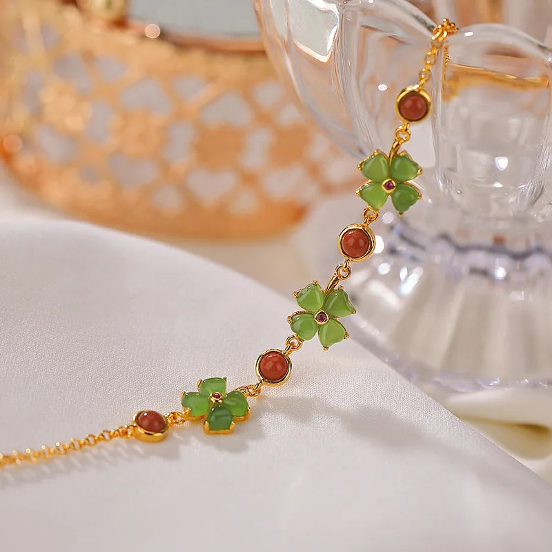 Jade Clover Bracelet "Flower of Fortune" Gold-Plated Silver