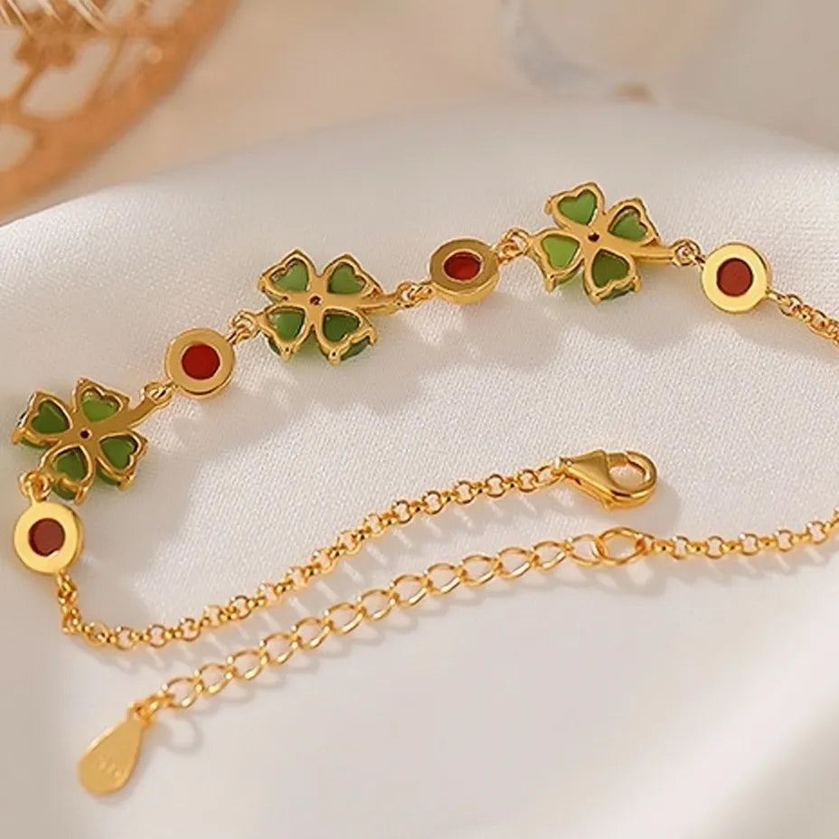 Jade Clover Bracelet "Flower of Fortune" Gold-Plated Silver