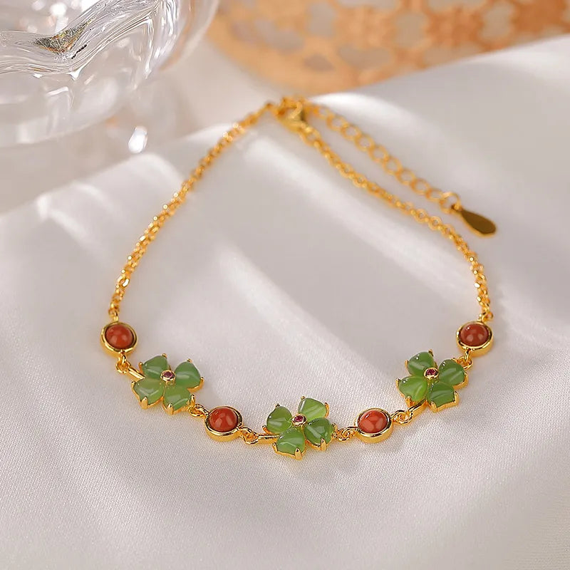 Jade Clover Bracelet "Flower of Fortune" Gold-Plated Silver