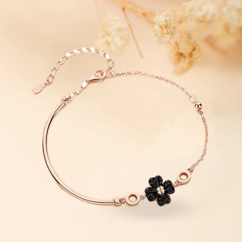 Armband Kleeblatt "Dunkle Blume" Silber Roségold