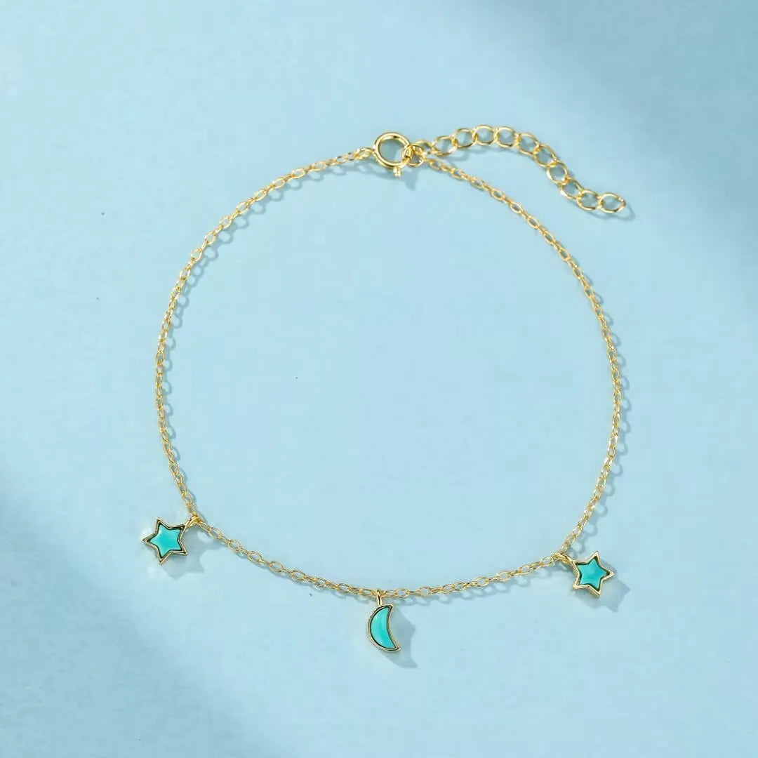 ONEFINITY Bracciale Donna Sole E Luna In Argento Sterling 925 Con Turchese - Stile Boho Vintage, Catena Regolabile 7+2 Pollici - 6