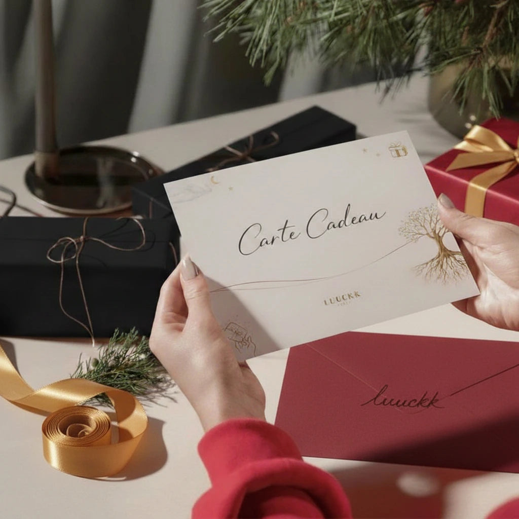 Une carte cadeau Luuckk est tenue par deux mains, posée sur une enveloppe rouge, avec des cadeaux emballés et un ruban doré en arrière-plan.