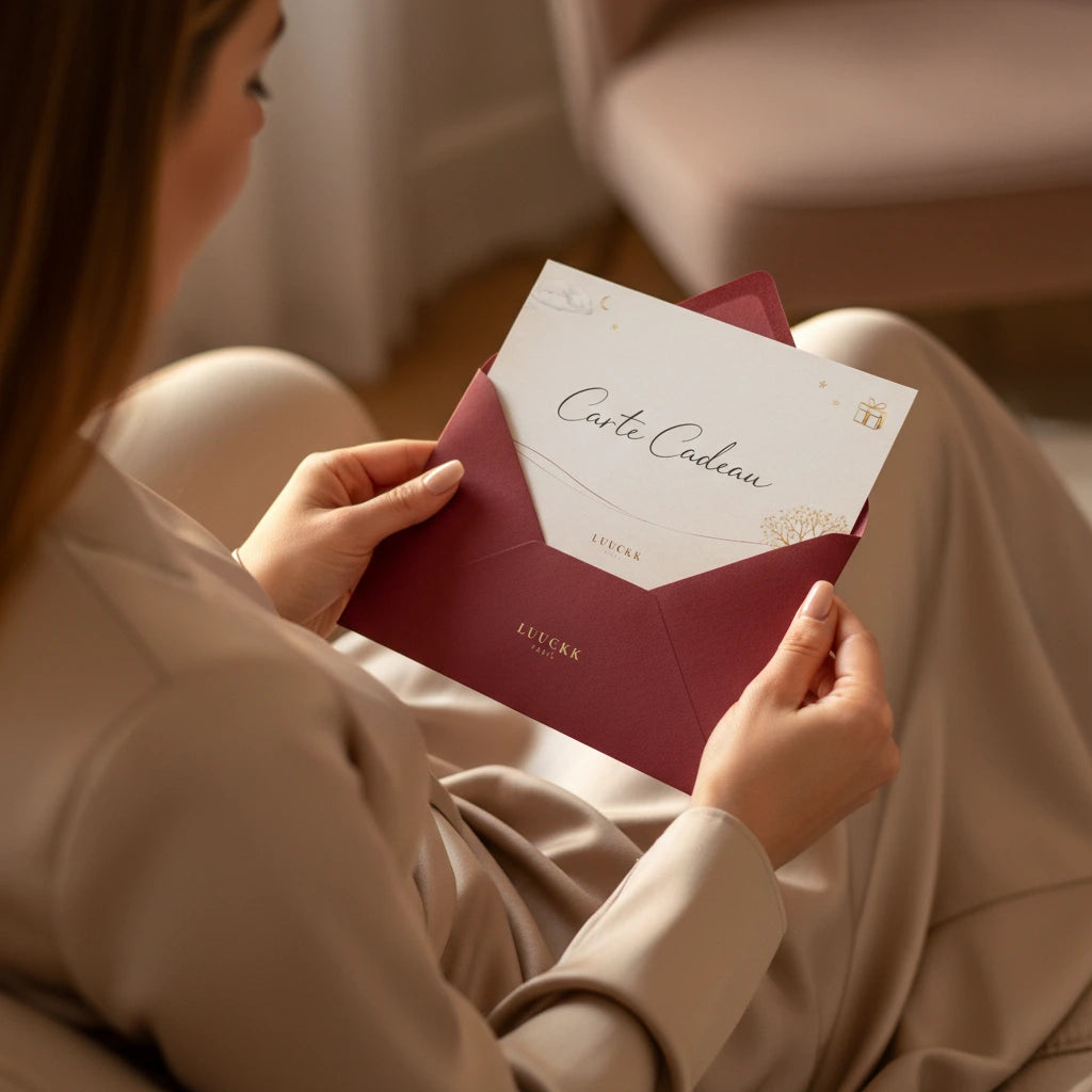Une femme tient une carte cadeau Luuckk dans une enveloppe bordeaux.