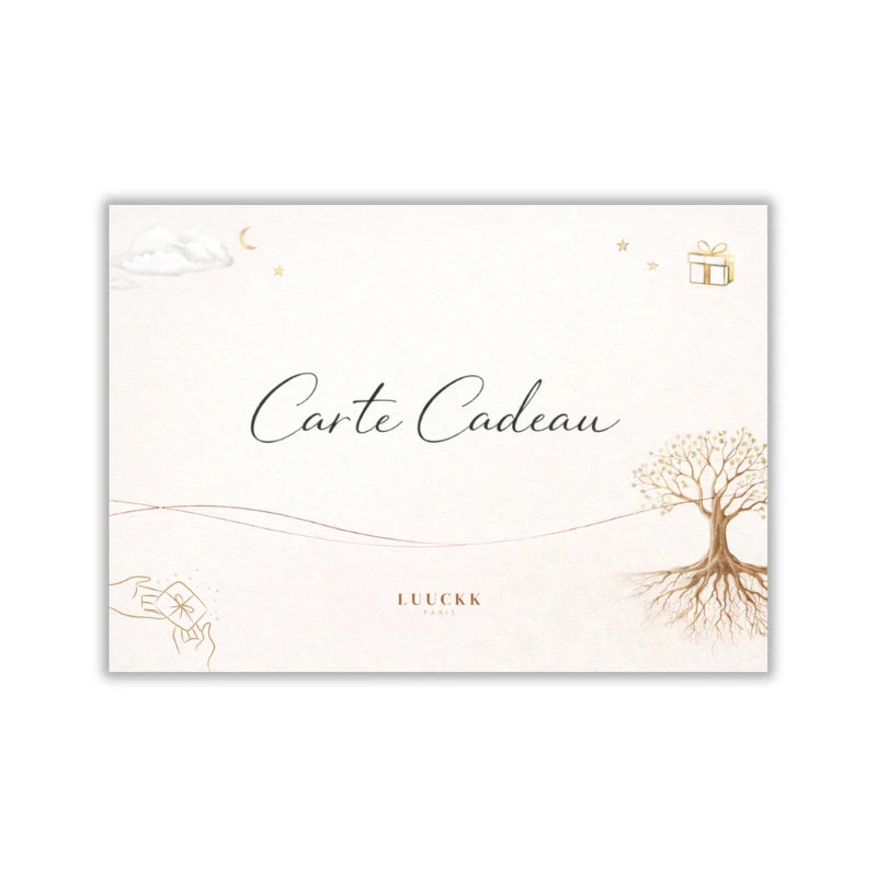 Carte Cadeau Luuckk avec un arbre et des mains offrant un cadeau, design épuré et élégant.