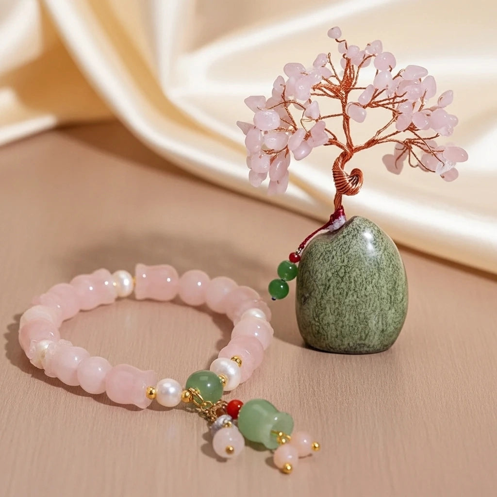 Amour - Geschenkset aus Rosenquarz, Lebensbaum und Armband