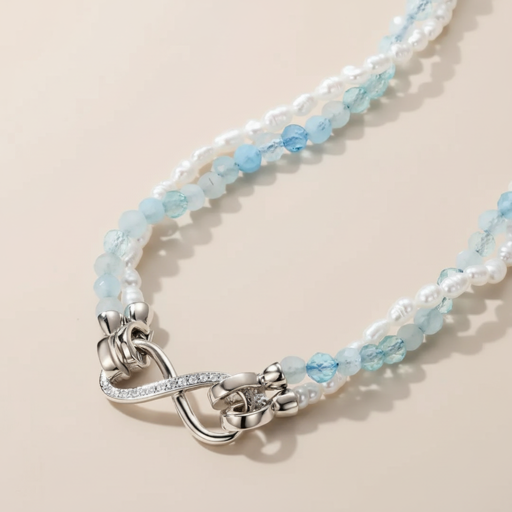 Aquamarine and Pearl Necklace "Polar Sparkle" Silver Plated Platinum