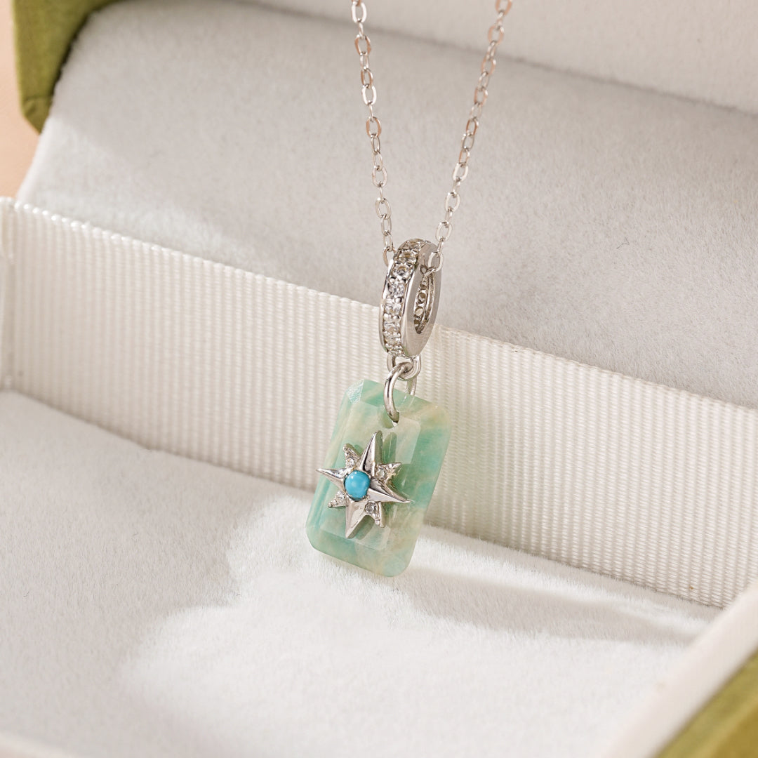 Halskette Amazonit und Türkis “Sternenstrahl” Silber plattiert mit Platin
