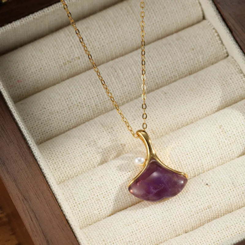 Amethyst Necklace "Purple Ginkgo" Silver Plated Gold