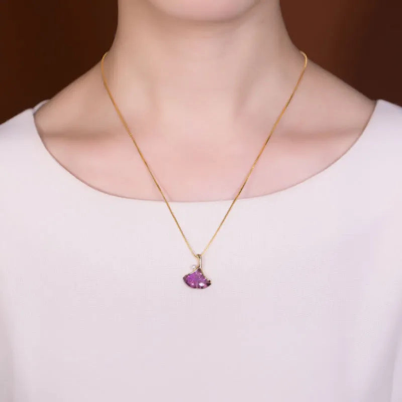 Amethyst Necklace "Purple Ginkgo" Silver Plated Gold