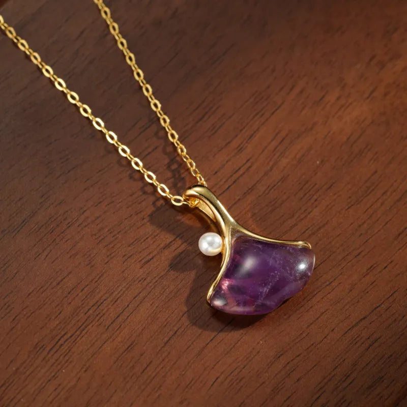 Amethyst Necklace "Purple Ginkgo" Silver Plated Gold