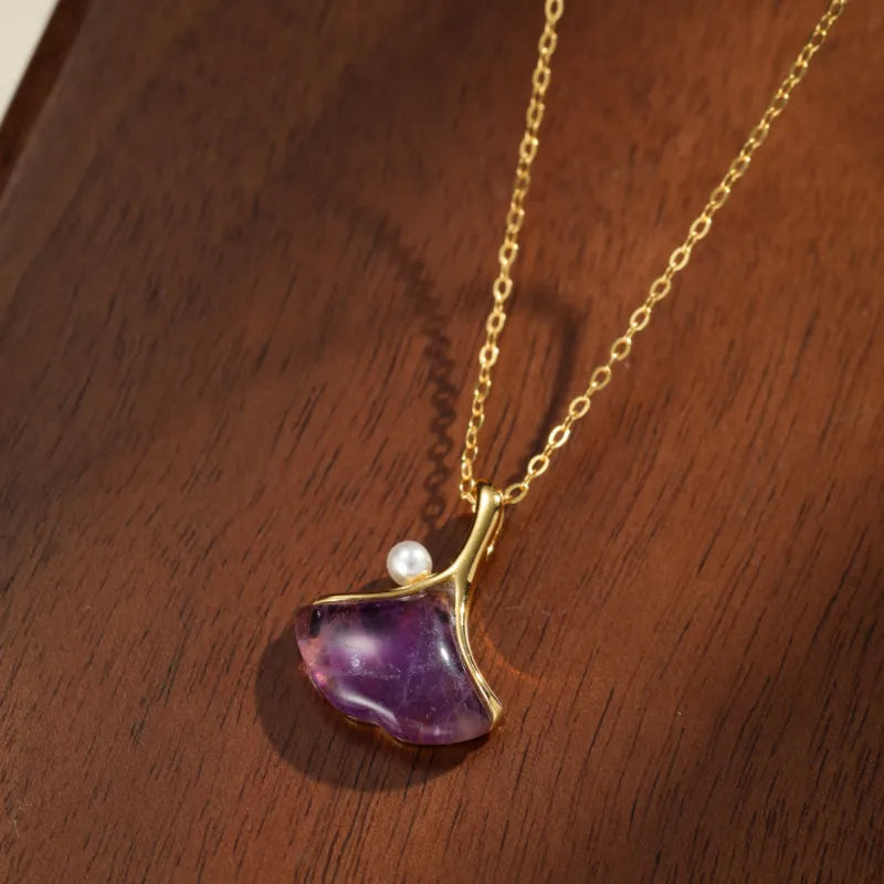 Amethyst Necklace "Purple Ginkgo" Silver Plated Gold